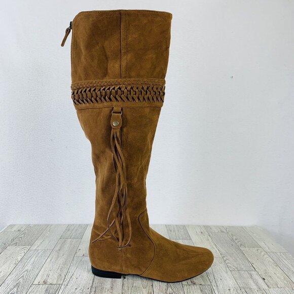 Mudd Womens Reto Tall Boots Size 6.5 Cognac Brown Hippie Bohemian Fringe Tassel - Picture 2 of 14